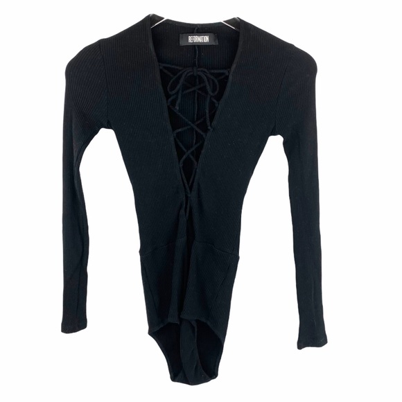 REFORMATION Avalon Plunge Lace Up Bodysuit Black Lace Up XS - Picture 5 of 9